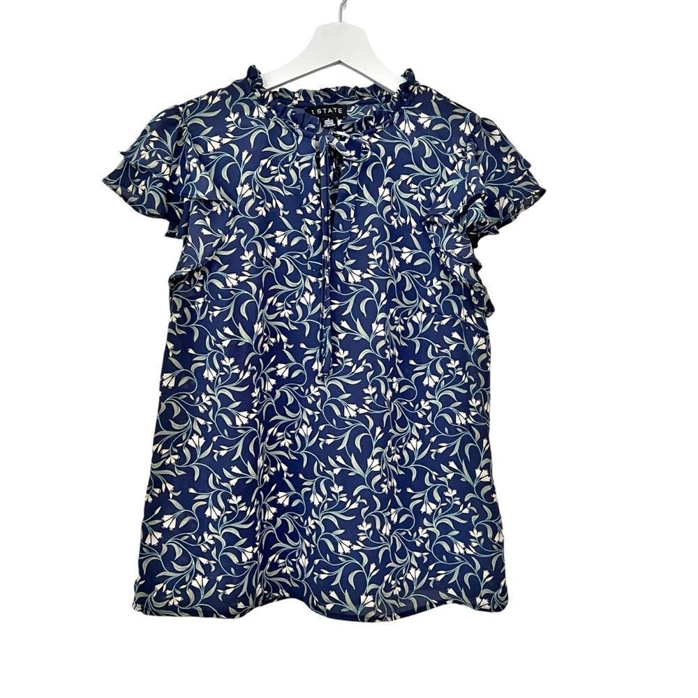1. State Navy Floral Flutter Sleeve Tie Neck Blouse - Picture 8 of 8